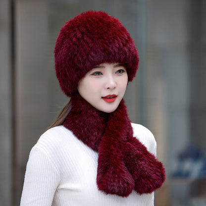 Warm Snow Rabbit Fur Ear Flap Hat & Scarf Set