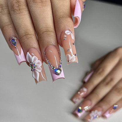 3D Flower Inlaid Heart French Tip Press-On Nails