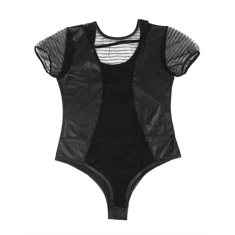 Plus Size Faux Leather Striped Mesh Bodysuit