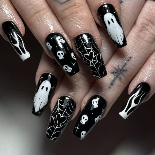 Halloween Short T-Shaped Black Spider Web Heart Ghost Head Detachable Fake Nails