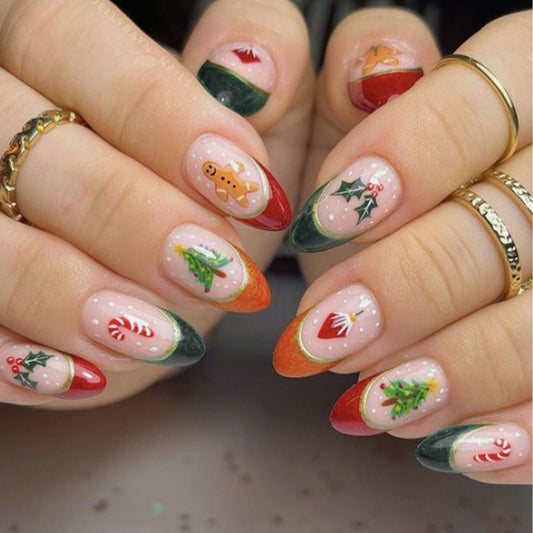 New FashionColorful Christmas Tree French Almond Nail Tips