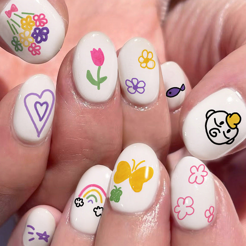 Cute Oval Short Nails, Colorful Summer Flower Design