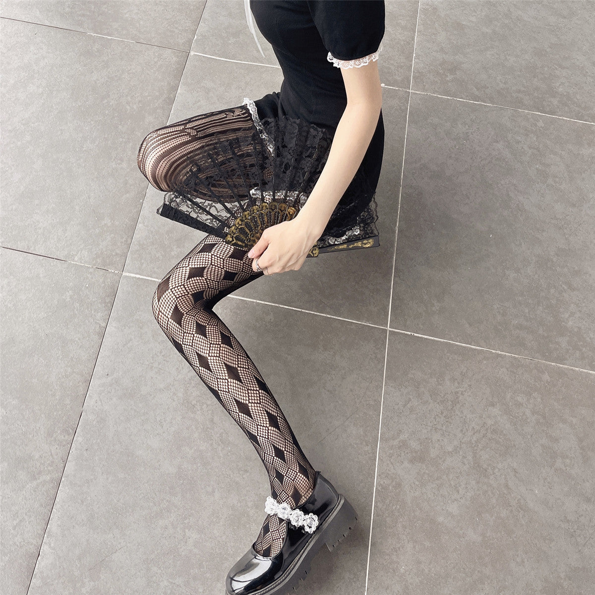 Ins Japanese AB Diamond Striped Love Jacquard Hollow Mesh Socks Pantyhose