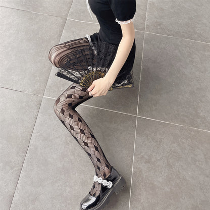 Ins Japanese AB Diamond Striped Love Jacquard Hollow Mesh Socks Pantyhose