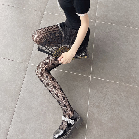 Ins Japanese AB Diamond Striped Love Jacquard Hollow Mesh Socks Pantyhose