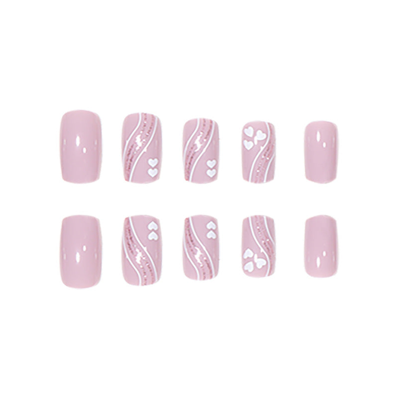 Square Short Nail Extensions with Heart Glitter Lines