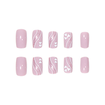 Square Short Nail Extensions with Heart Glitter Lines