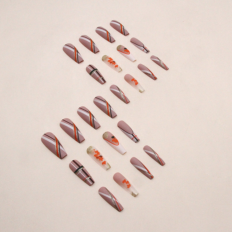 Warm Brown Long Ballet Striped Leaf Nails for Fall