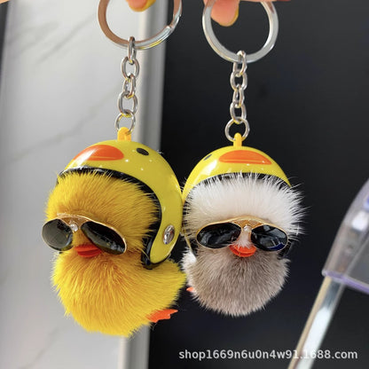 Cute Real Mink Fur Duck Helmet Keychain Plush Accessory