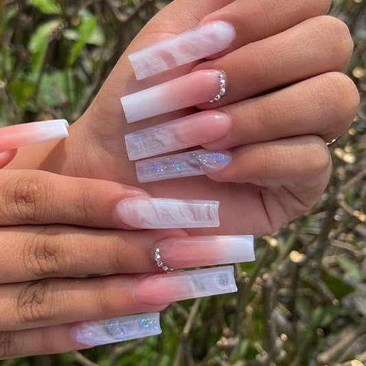 White Transparent Ombre Nails with Diamonds - Removable (Wholesale 24-Piece)