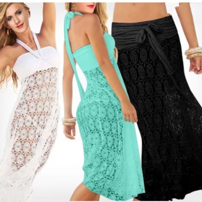 Bikini Sun Protection Swimsuit Lace Hollow Out Maxi Skirt Strapless Dress