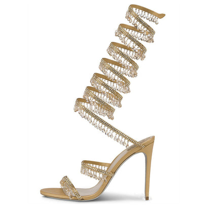 Gemstone-Adorned Wrap Around Ankle Strap Stiletto Sandals-Homeunderwear