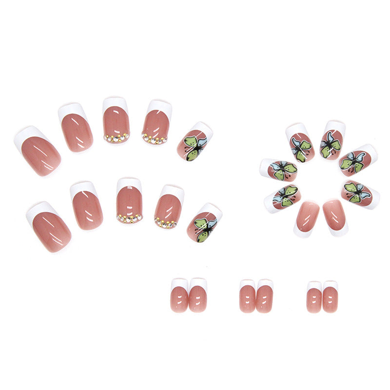 Mid-Length Square Nails with Diamonds White French Edge Clear Pearl Sparkle Butterfly Pink-homeunderwear