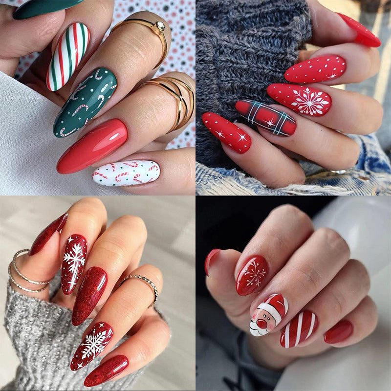 Long Oval Christmas Nail Tips with Winter Designs