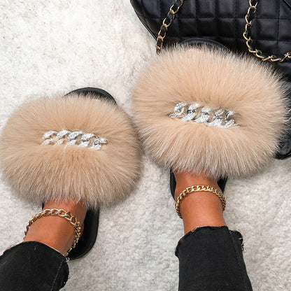 Womens Fuzzy Slippers, Fox Fur Inspired Sandals