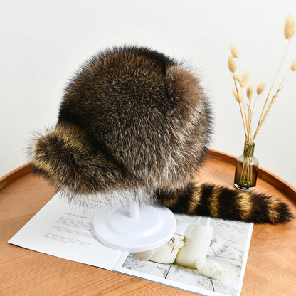 Warm Raccoon Fur Hat with Ear Flaps