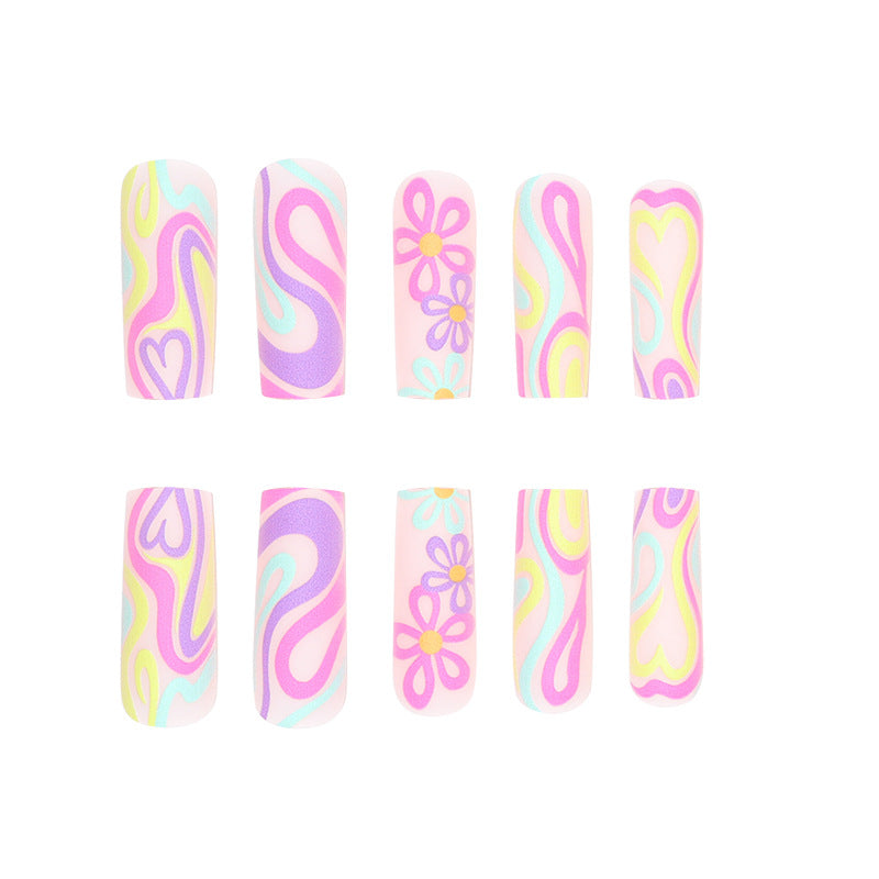 Long Multicolor Line Flower Graffiti Nail Extensions