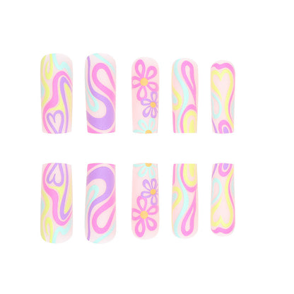 Long Multicolor Line Flower Graffiti Nail Extensions