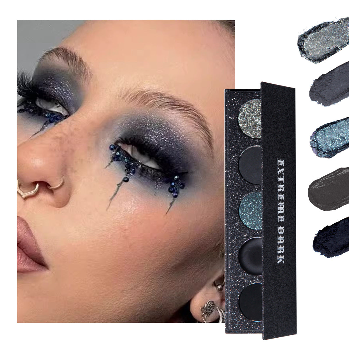 5-Color Black Eyeshadow Palette - Shimmer, Fine Glitter, Smokey Eye