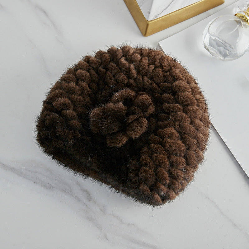 Warm Mink Fur Beret with Faux Flower - Winter Accessory