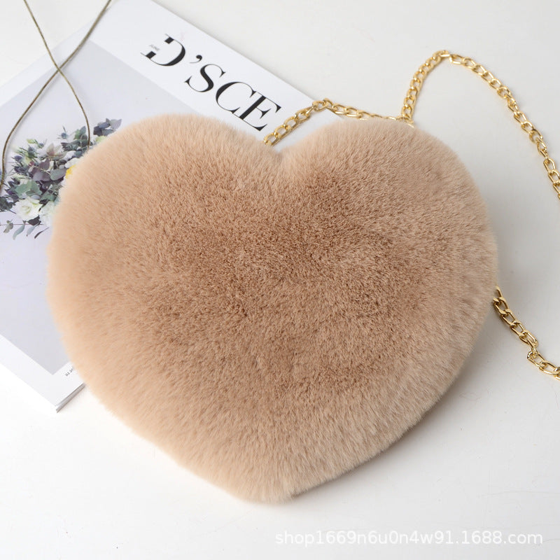 Fashionable Faux Fur Heart-Shaped Bag - Chain Crossbody Purse