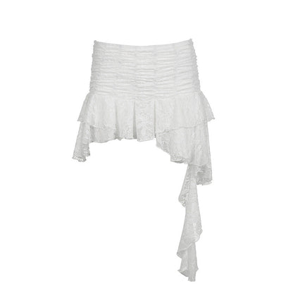 Asymmetrical Hemline Lace Ruffle Pleated Mini Skirt