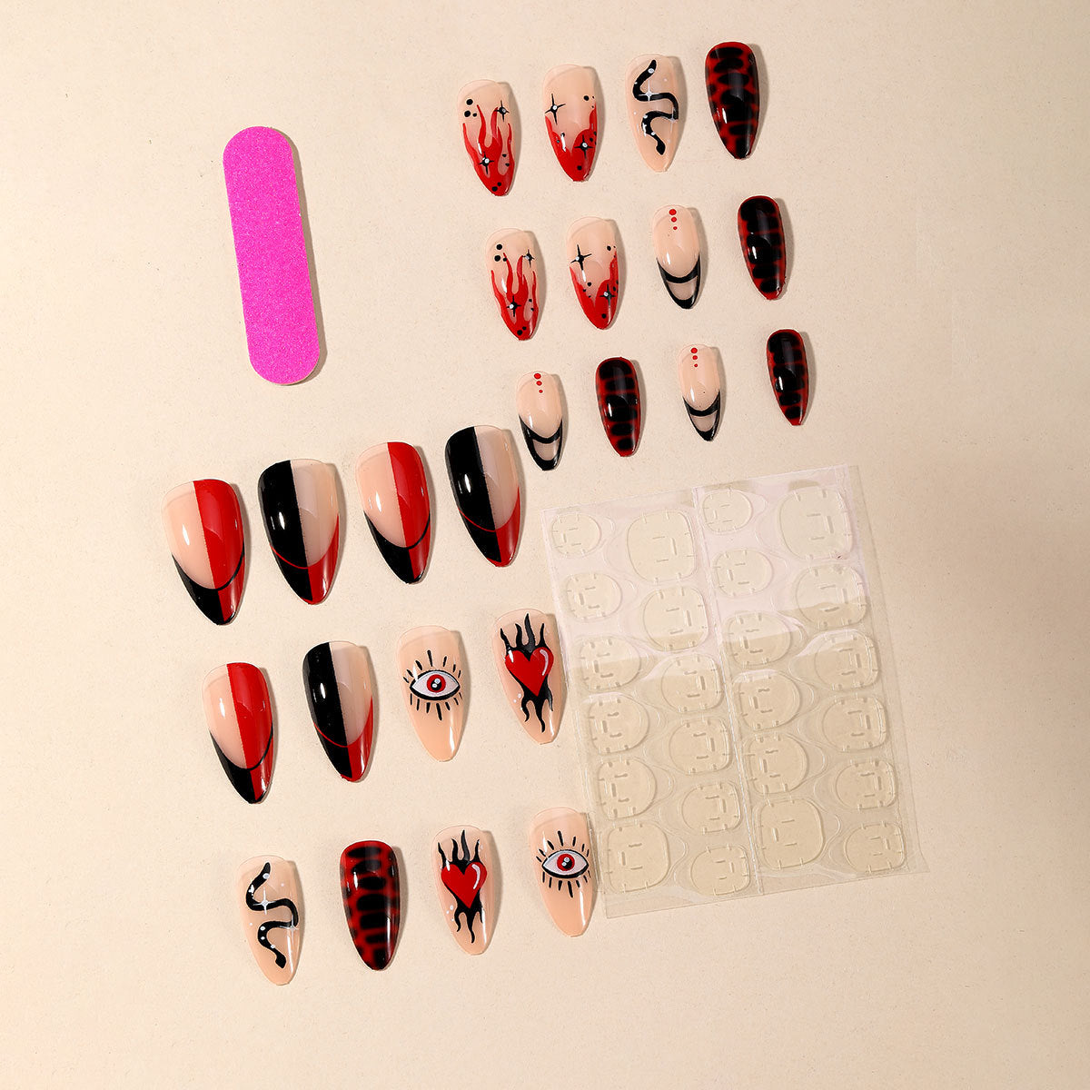 Almond Shaped Irregular Black Red Flame Heart Eye Snake Star Nails