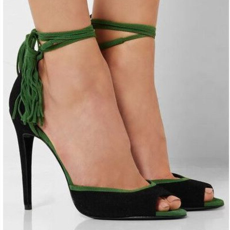 Fashionable Fringed Peep Toe Stiletto Sandals-Homeunderwear