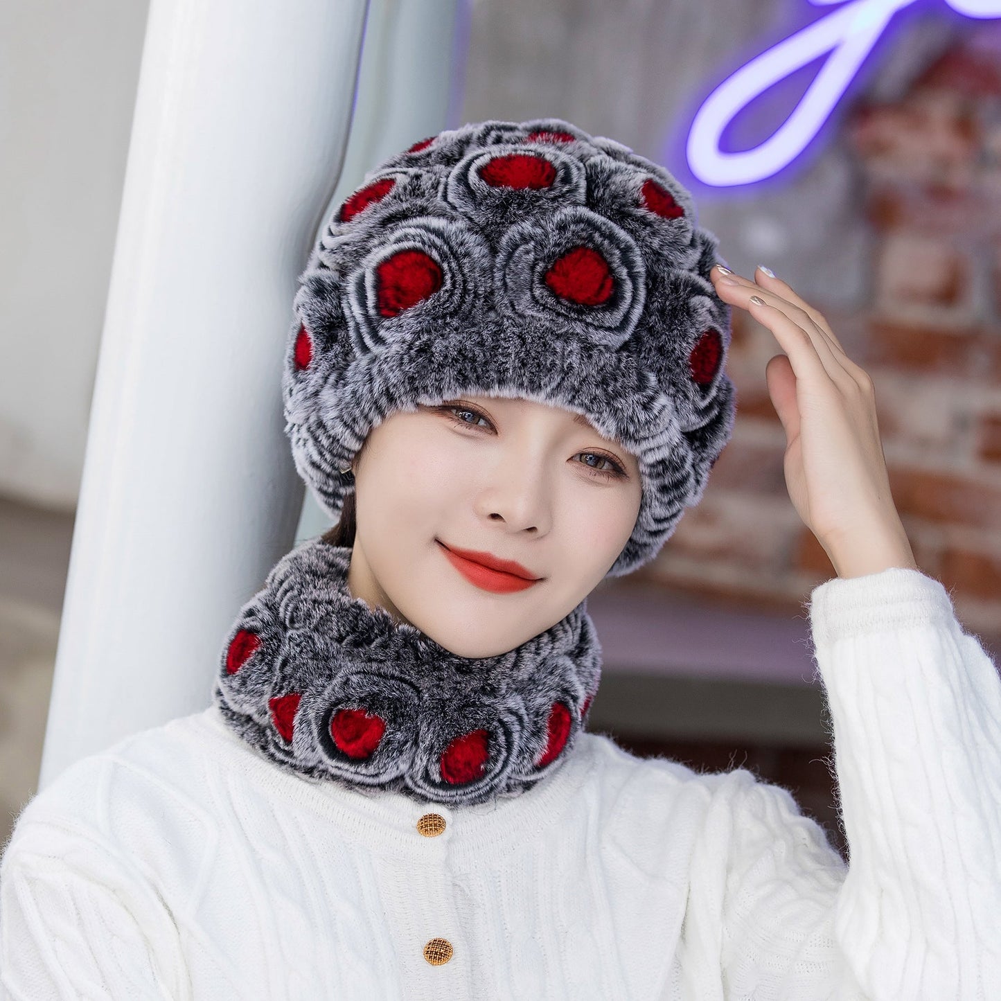 Warm Real Rabbit Fur Ear Flap Hat & Scarf Set