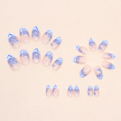 Chinese Style Round Head Blue Porcelain Morandi Flowers Totem Nails Euro Fashion Fake Nails-homeunderwear