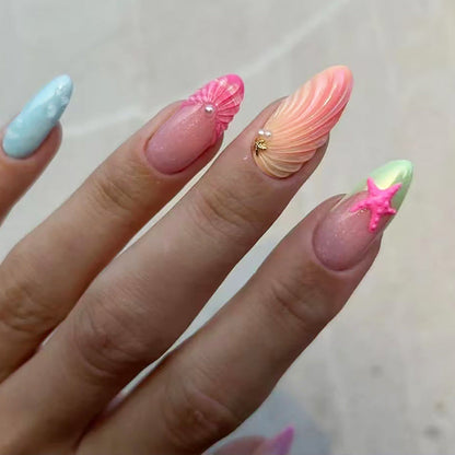 24-Piece Almond Nail Stickers with 3D Shell and Starfish