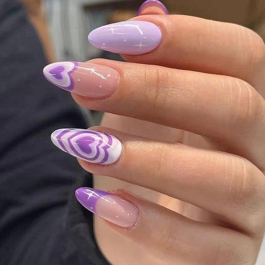 Almond Shape Purple Heart Nails - Dazzling Stars, Mid-Length