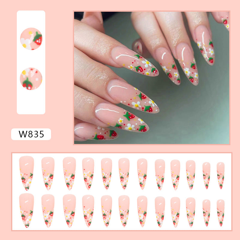 Long Pointed Nails, Sweet Strawberry Floral Design