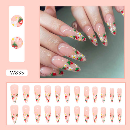 Long Pointed Nails, Sweet Strawberry Floral Design