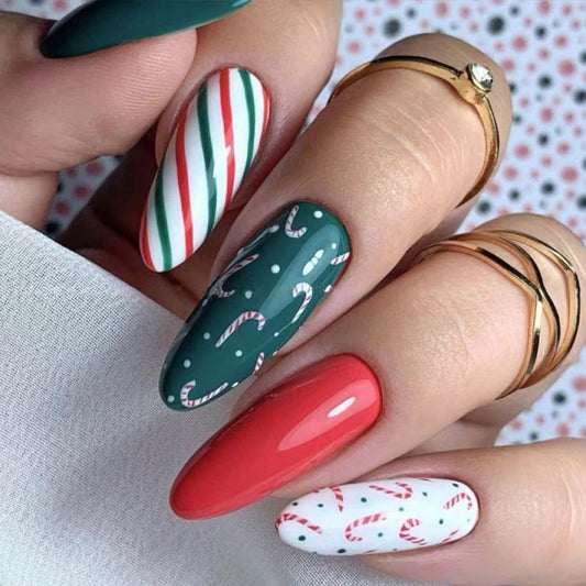 Cute Christmas Candy Cane Nails with Red White Green Stripes