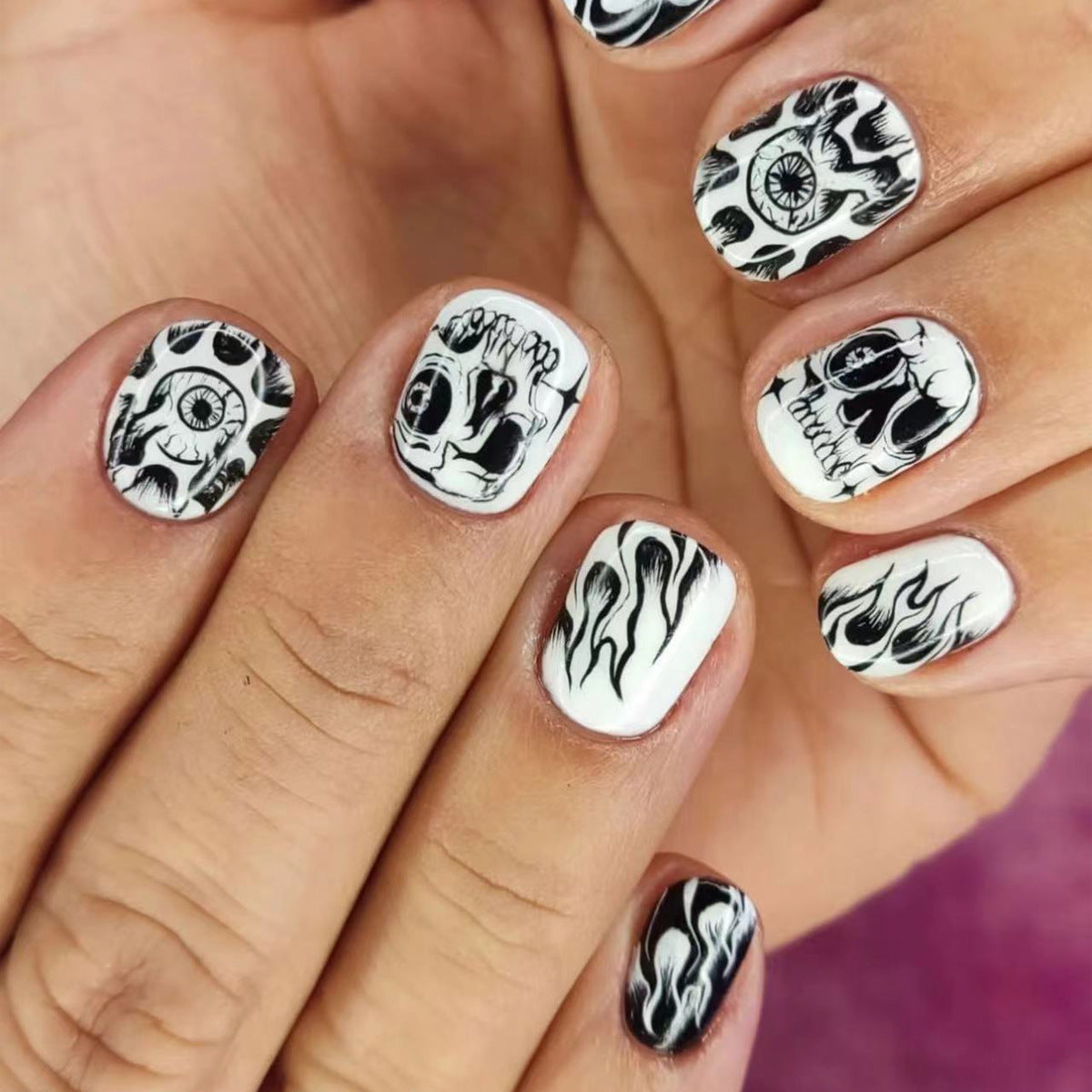 Halloween Black & White Hand-Painted Flame Skull Eye Nails