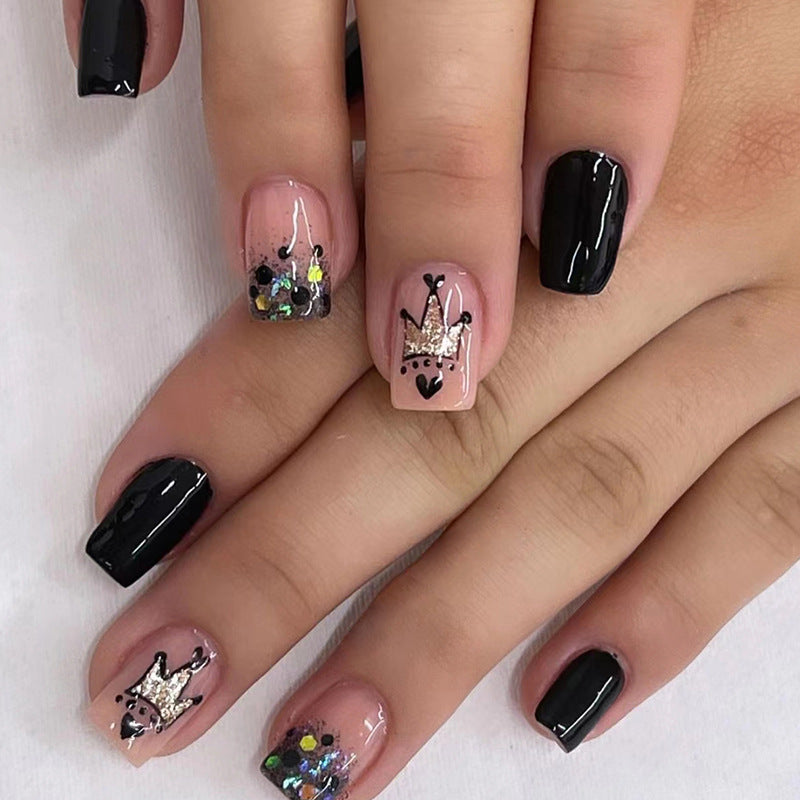 24-Piece Short Black Nails - Glitter Crown Gradient, Ins Style