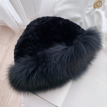 Cute Real Rabbit Fur Hat with Fox Trim - Winter Warmth