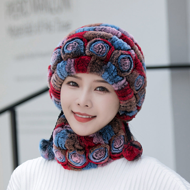 Warm Real Rabbit Fur Ear Flap Hat & Scarf Set