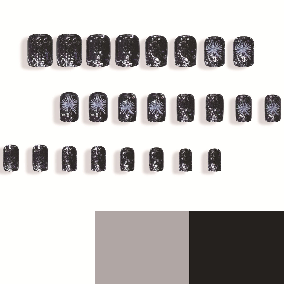 New Year Fireworks Short Square Shiny Silver Black Pink Nail Tips