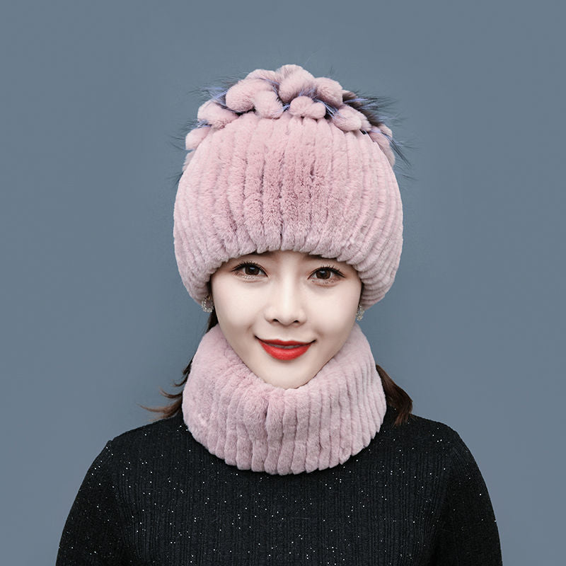 Winter Real Rabbit Fur Hat & Neck Warmer Set