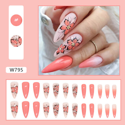 Long Pointed Soft Sunset Yellow Gradient Retro Five-Petal Flower Nails Euro Ins Style-homeunderwear