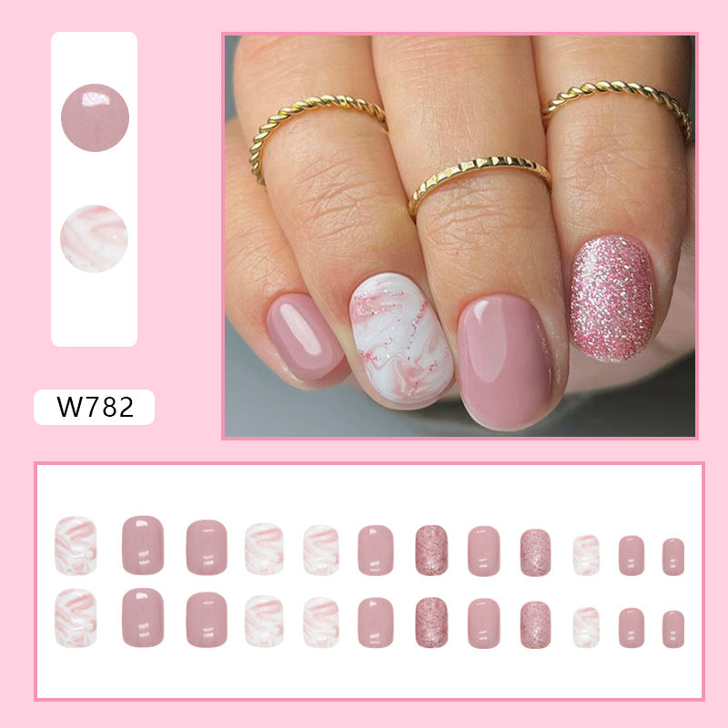 Simple White Pink Tender Girl Nails Sparkling Full Ink Wash Pink White Short Fake Nails-homeunderwear