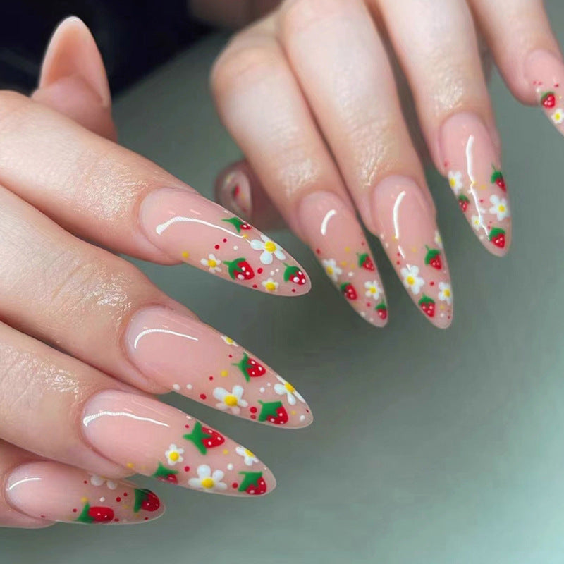 Long Pointed Nails, Sweet Strawberry Floral Design