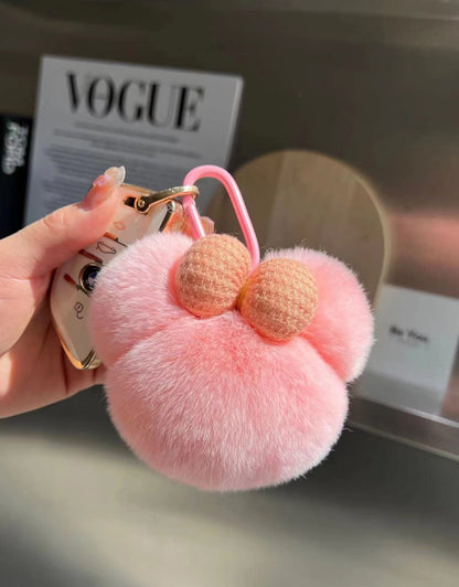 Cute Real Rabbit Fur Mickey Head Keychain with Bow