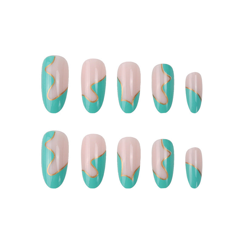 Mint Green Nail Tips with Gold Wave Design