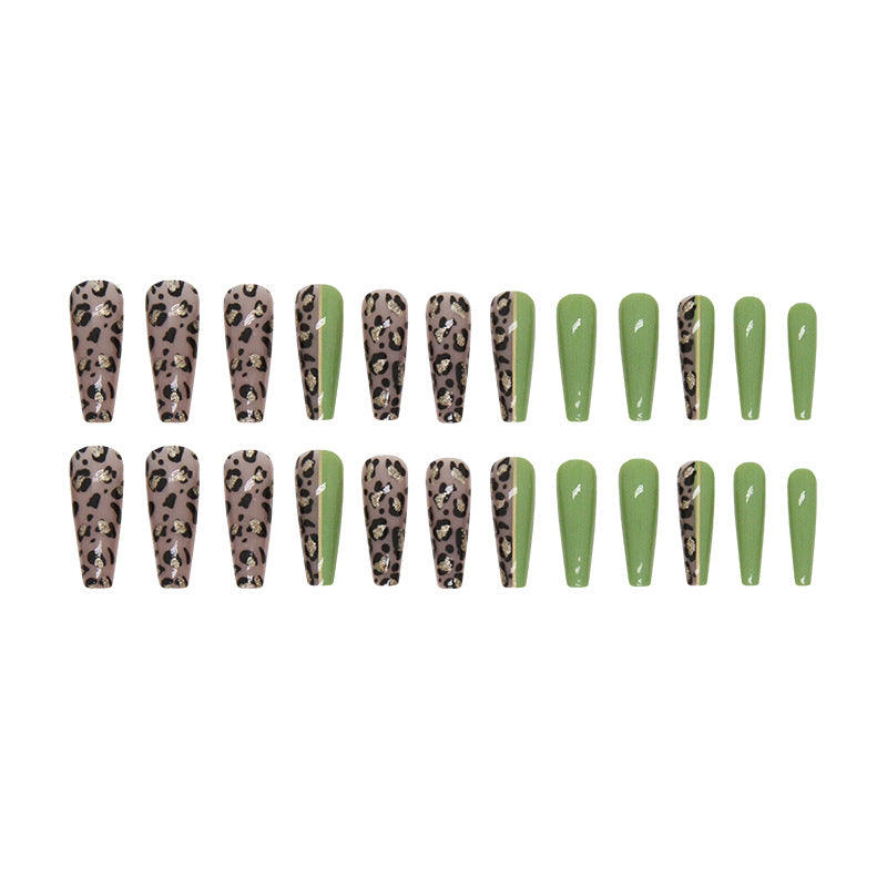 Long Olive Green Leopard Print Ballet Nails, Ins Style