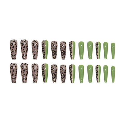 Long Olive Green Leopard Print Ballet Nails, Ins Style