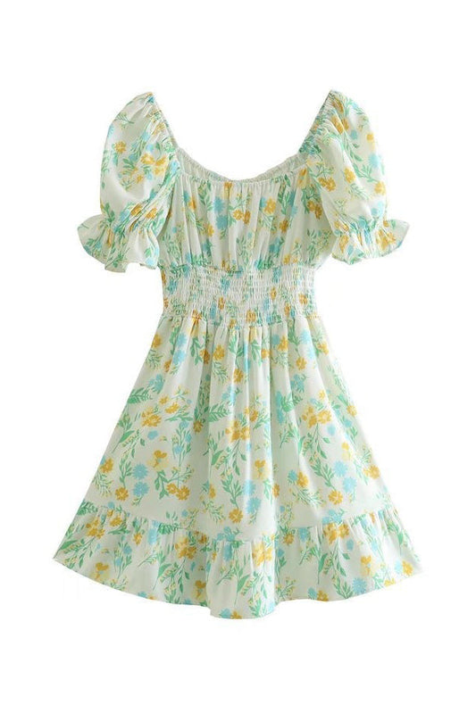 Free Shipping For Green Cute Floral Print Puff Sleeve Mini Dress