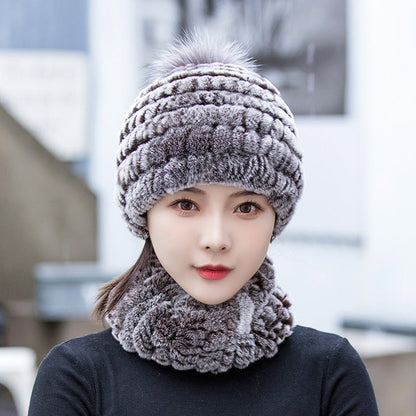 Warm Real Rabbit Fur Ear Flap Hat & Scarf Set